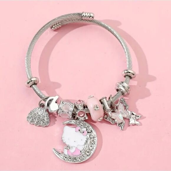 Hello Kitty Charm Pendant Silver & Pink Tone Bangle Bracelet - Picture 4 of 6